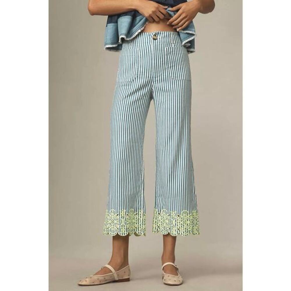 Anthropology‎ Mave The Colette Cropped Wide-Leg Pants Embroidered Linen Size 4